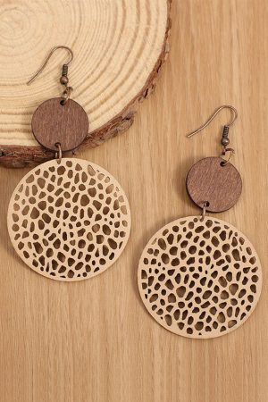 Jewelry |   Khaki Hollow Out Wooden Round Drop Earrings ACCESSORIES Jewelry