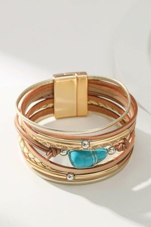 Jewelry |   Khaki Multi-layer Leather Turquoise Beaded Bracelet ACCESSORIES Jewelry