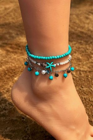 Jewelry |   Light Blue Western Turquoise Beaded Multi Layered Anklet ACCESSORIES Jewelry