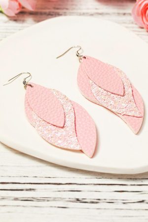 Jewelry |   Light Pink Valentine PU Leaves Layered Earrings ACCESSORIES Jewelry