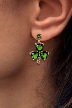 Jewelry |   Mist Green Clover Diamond Studded Dangle Earrings ACCESSORIES Jewelry