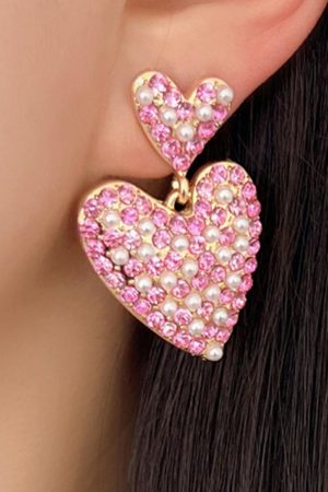 Jewelry |   Pink Rhinestone Pearl Dual Heart Shape Valentine Earrings ACCESSORIES Jewelry