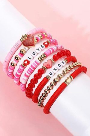 Jewelry |   Pink Valentines LOVE XOXO Heart Shape Beaded Bracelet Set ACCESSORIES Jewelry