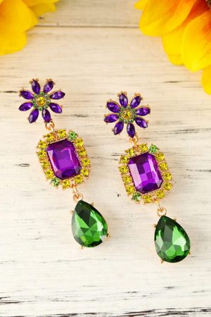 Jewelry |   Purple Mardi Gras Diamond Flower Geometric Dangle Earrings ACCESSORIES Jewelry