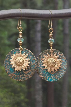 Jewelry |   Real Teal Retro Sunflower Disc Alloy Dangle Earrings ACCESSORIES Jewelry