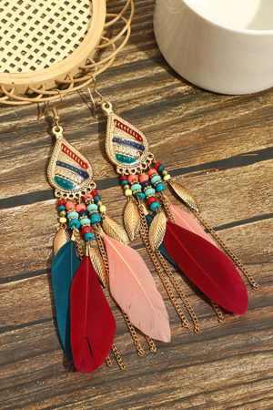 Jewelry |   Red Bohemian Feathered Beaded Tassel Hook Earrings ACCESSORIES Jewelry