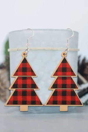 Jewelry |   Red Plaid Christmas Tree Wooden Pendant Earrings ACCESSORIES Fiery Red