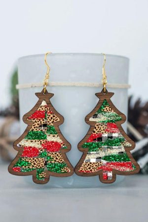 Jewelry |   Red Shade Of Leopard Plaid Christmas Tree Earrings ACCESSORIES Fiery Red