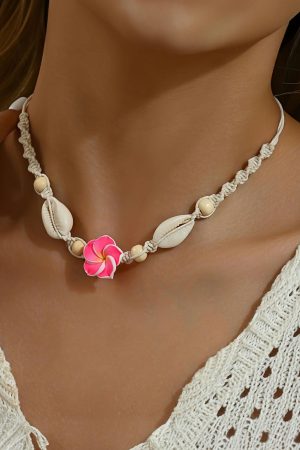 Jewelry |   Rose Red Flower Seashell Braided Choker Necklace ACCESSORIES Jewelry