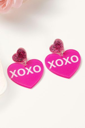 Jewelry |   Rose Red Valentine XOXO Print Double Heart Shape Earrings ACCESSORIES Jewelry