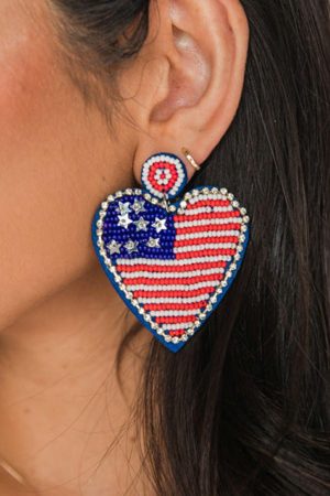 Jewelry |   Sail Blue Rhinestone Beaded American Flag Heart Earrings ACCESSORIES Jewelry