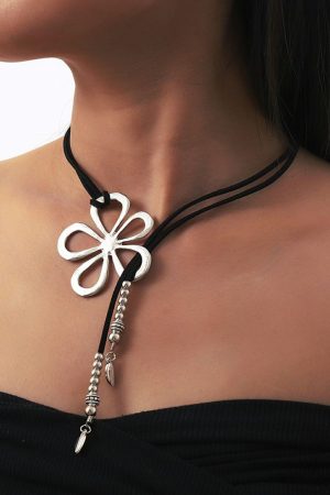 Jewelry |   Silvery Hollow Out Floral Leather Rope Y-shaped Necklace ACCESSORIES Jewelry