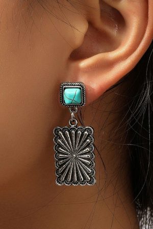 Jewelry |   Silvery Retro Western Geometric Turquoise Stud Earrings ACCESSORIES Jewelry