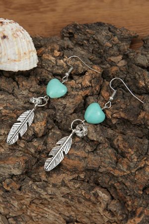 Jewelry |   Silvery Turquoise Heart Shape Alloy Feather Drop Earrings ACCESSORIES Jewelry