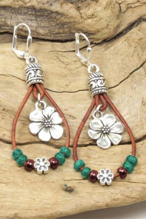 Jewelry |   Silvery Western Leather Beaded Floral Dangle Earrings ACCESSORIES Jewelry