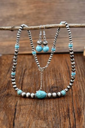 Jewelry |   Silvery Western Turquoise Beaded Necklace and Earring Set ACCESSORIES Jewelry