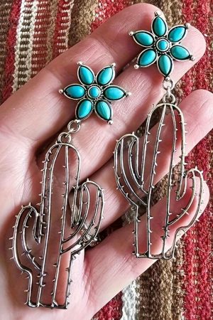 Jewelry |   Silvery Western Turquoise Flower Cactus Dangle Earrings ACCESSORIES Jewelry