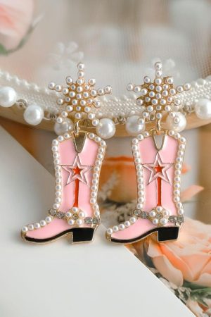 Jewelry |   Strawberry Pink Pearl Decor Boots Shape Dangle Stud Earrings ACCESSORIES Jewelry