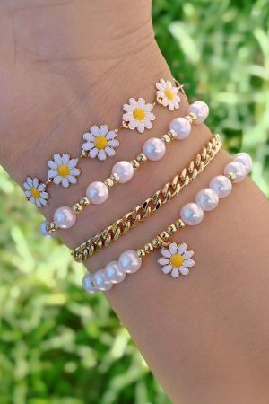 Jewelry |   White 4pcs Daisy Pearl Beaded Chain Bracelet Set ACCESSORIES Jewelry