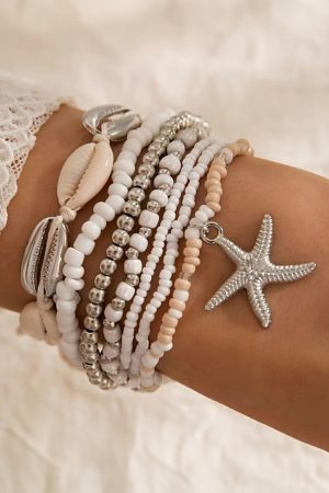 Jewelry |   White 7pcs Starfish Seashell Beaded Bracelet Set ACCESSORIES Jewelry