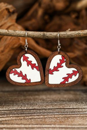 Jewelry |   White Contrast Edge Heart Shape Baseball Print Earrings ACCESSORIES Jewelry