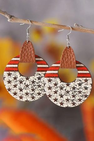 Jewelry |   White Flag Print Round Wooden Dangle Earrings ACCESSORIES Jewelry