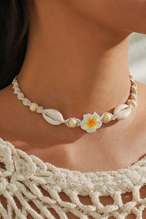 Jewelry |   White Flower Seashell Braided Choker Necklace ACCESSORIES Jewelry