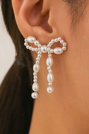 Jewelry |   White Pearl Beaded Bowknot Studded Earrings ACCESSORIES Jewelry