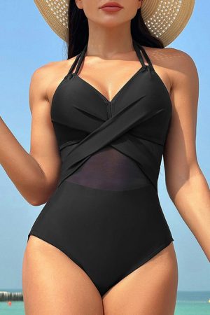 One-Piece Swimsuits |   Black Halter Mesh Insert Cross Front One-Piece Swimsuit One-Piece Swimsuits Black