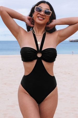 One-Piece Swimsuits |   Black Halter O-ring Ruched Bust One Piece Swimsuit One-Piece Swimsuits Black