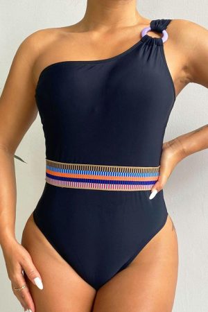 One-Piece Swimsuits |   Black One Shoulder Strap Printed Waist One-Piece Swimsuit One-Piece Swimsuits Black