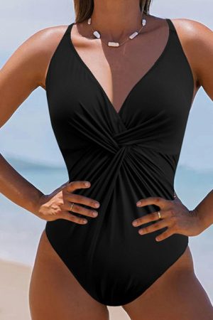 One-Piece Swimsuits |   Black V Neck Twist Ruched Crisscross Backless One-Piece Swimsuit One-Piece Swimsuits Black