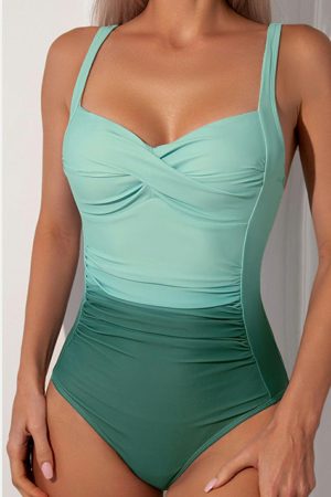 One-Piece Swimsuits |   Green Gradient Crossed Bust Ruched One Piece Swimwear One-Piece Swimsuits Green