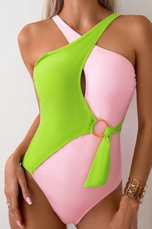 One-Piece Swimsuits |   Light Green Two Tone Colorblock Crossed Neck Hollowed Monokini One-Piece Swimsuits Light Green