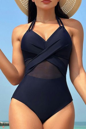 One-Piece Swimsuits |   Navy Blue Halter Mesh Insert Cross Front One-Piece Swimsuit One-Piece Swimsuits Navy Blue