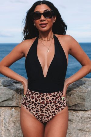 One-Piece Swimsuits |   Plunge V Neck Colorblock Leopard Bottoms One-piece Swimsuit One-Piece Swimsuits Leopard