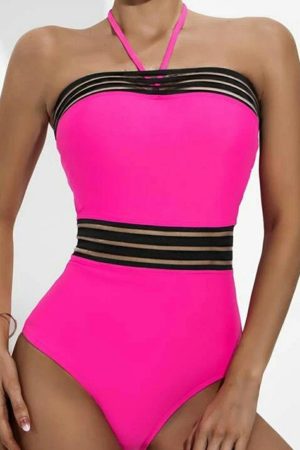 One-Piece Swimsuits |   Rose Red Mesh Striped Trim Halter Neck One Piece Swimsuit One-Piece Swimsuits One-Piece Swimsuits