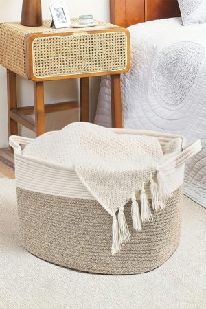 Other Accessories |   Beige Colorblock Handled Large Capacity Cotton Basket ACCESSORIES Beige