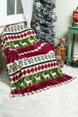 Other Accessories |   Christmas Elk Print Reversible Sherpa Fleece Blanket 130*150cm ACCESSORIES Dark Green