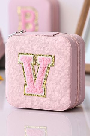 Other Accessories |   Pink Glitter Chenille V Letter Mini Square Jewery Box with Mirror ACCESSORIES Other Accessories