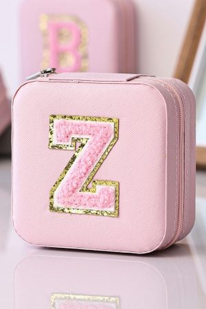 Other Accessories |   Pink Glitter Chenille Z Graphic Mini Jewelry Box with Mirror ACCESSORIES Other Accessories