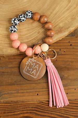 Other Accessories |   Pink MAMA Wood Pendant Leopard Fringe Keychain ACCESSORIES Other Accessories