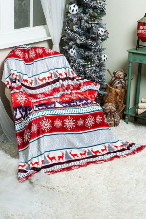 Other Accessories |   Red Christmas Elk Print Reversible Sherpa Fleece Blanket ACCESSORIES Fiery Red