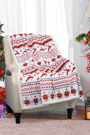 Other Accessories |   White Christmas Reindeer Snowflake Printed Sherpa Blanket ACCESSORIES Other Accessories