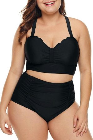 Plus Size Swimwear |   Black Plus Size Scalloped Detail High Waist Bikini Swimsuit SWIMWEAR Black