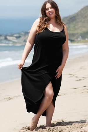 Plus Size Swimwear |   Black Spaghetti Straps Wrapped Plus Size Beach Cover Up Plus Size Swimwear Black