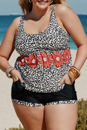 Plus Size Swimwear |   Leopard Sleeveless Plus Size Tankini Plus Size Swimwear Leopard