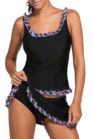 Plus Size Swimwear |   Plus Size Ruffle Trim Black Active Tank Top and Skort Swimsuit Plus Size Swimwear Black