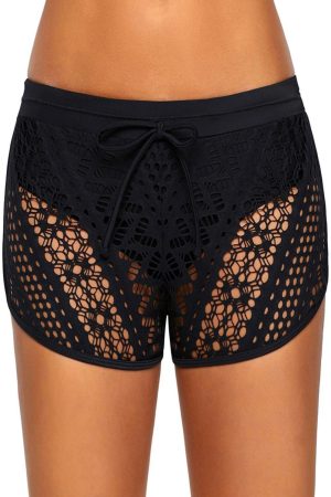 Swim Bottoms |   Black Hollow Out Lace Overlay Swim Short Bottom Swim Bottoms Black