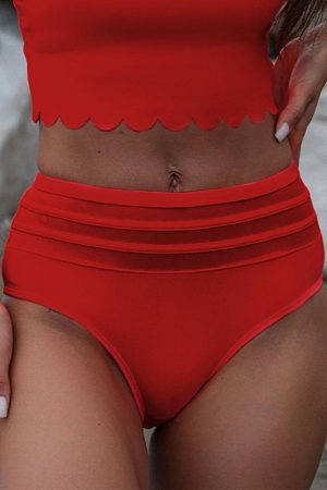 Swim Bottoms |   Fiery Red Mesh Striped High Waist Bikini Bottoms Swim Bottoms Fiery Red